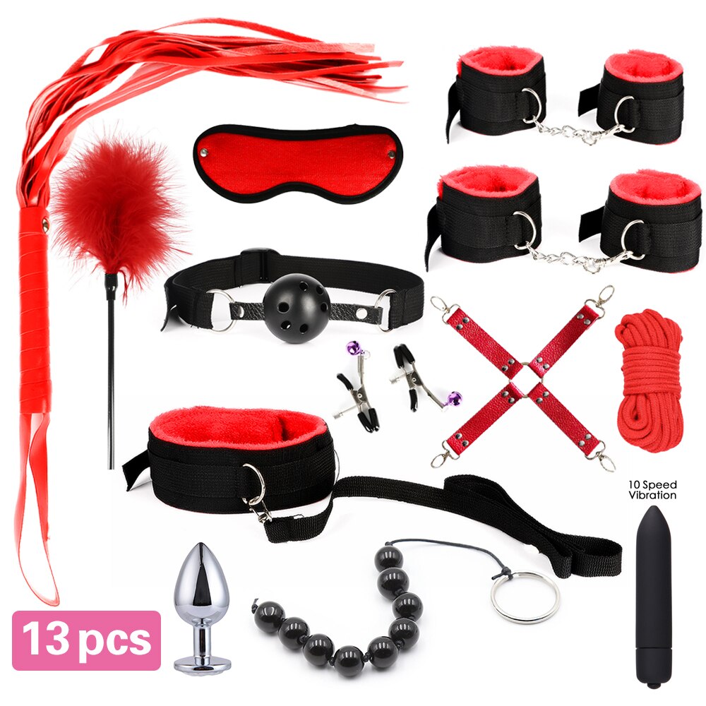 13pcs/set SM Bondage Restraint G Spot Vibrators Adult Game Props  Women Sex Toy Noylon Handcuffs Clit Stimulator Adult Sex Shop