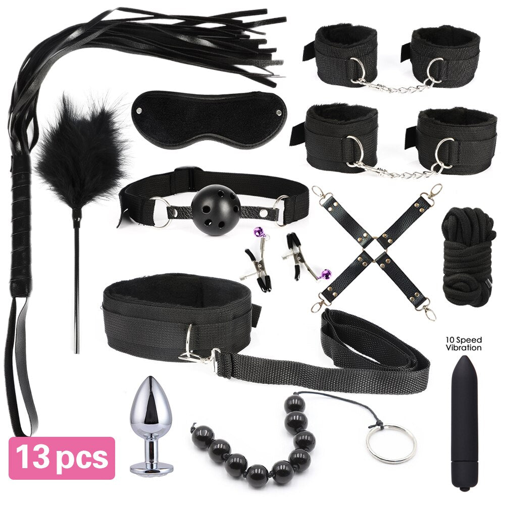13pcs/set SM Bondage Restraint G Spot Vibrators Adult Game Props  Women Sex Toy Noylon Handcuffs Clit Stimulator Adult Sex Shop