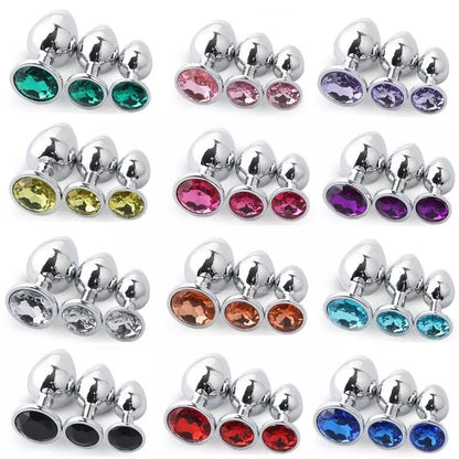 3 Different Size S/M/L Metal Anal Plug with Crystal Jewelry Smooth Prostate Massage Butt Silicone Plug Anal Sex Toys for Woman
