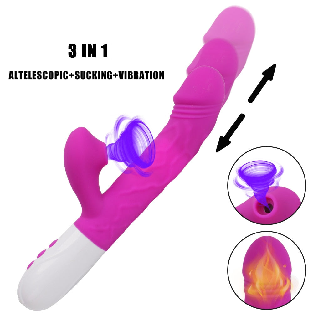 เครื่องสั่นกระต่าย 3-in-1 แบบมีแกนหมุนยืดได้ อุปกรณ์สำหรับกระตุ้นคลิตอริส จุด G และช่องคลอด ของเล่นผู้ใหญ่สำหรับผู้หญิง