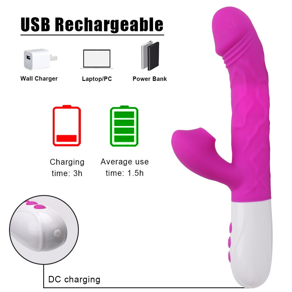 เครื่องสั่นกระต่าย 3-in-1 แบบมีแกนหมุนยืดได้ อุปกรณ์สำหรับกระตุ้นคลิตอริส จุด G และช่องคลอด ของเล่นผู้ใหญ่สำหรับผู้หญิง