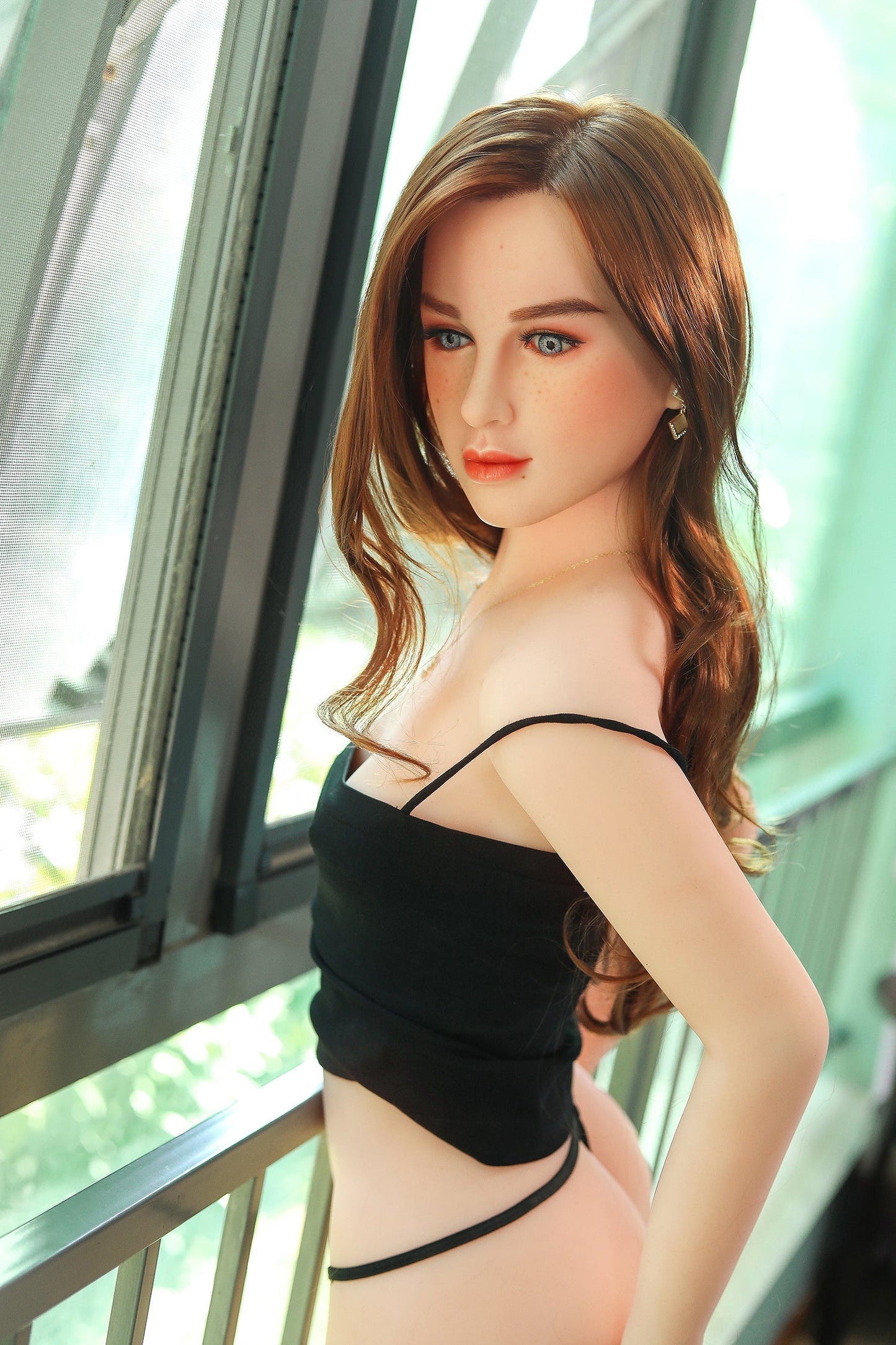 Jessica 159ซม. หัวแบบ TPE หน้าอกเล็ก ดอลล์เซ็กส์แบบเด็กสาวดูสมจริงสีน้ำตาลสำหรับผู้ชาย NO.1057