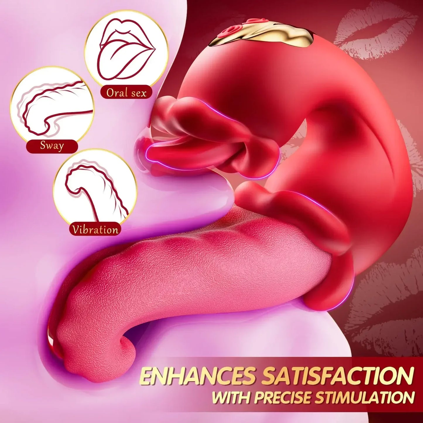 เครื่องสั่นลิ้น 4-in-1 แบบสวิงดัน เครื่องสั่นกระตุ้น G-spot และคลิตอริส รูปดอกกุหลาบ ของเล่นผู้ใหญ่สำหรับผู้หญิงและคู่รัก
