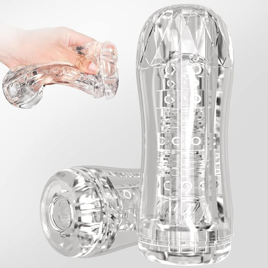 Manual Sucking Extrusion Male Masturbators. Portable Transparent Pocket Pussy Stroker with Vagina Textured Blowjob Sex Toys Penis TPE Masturbation Sleeve for Men