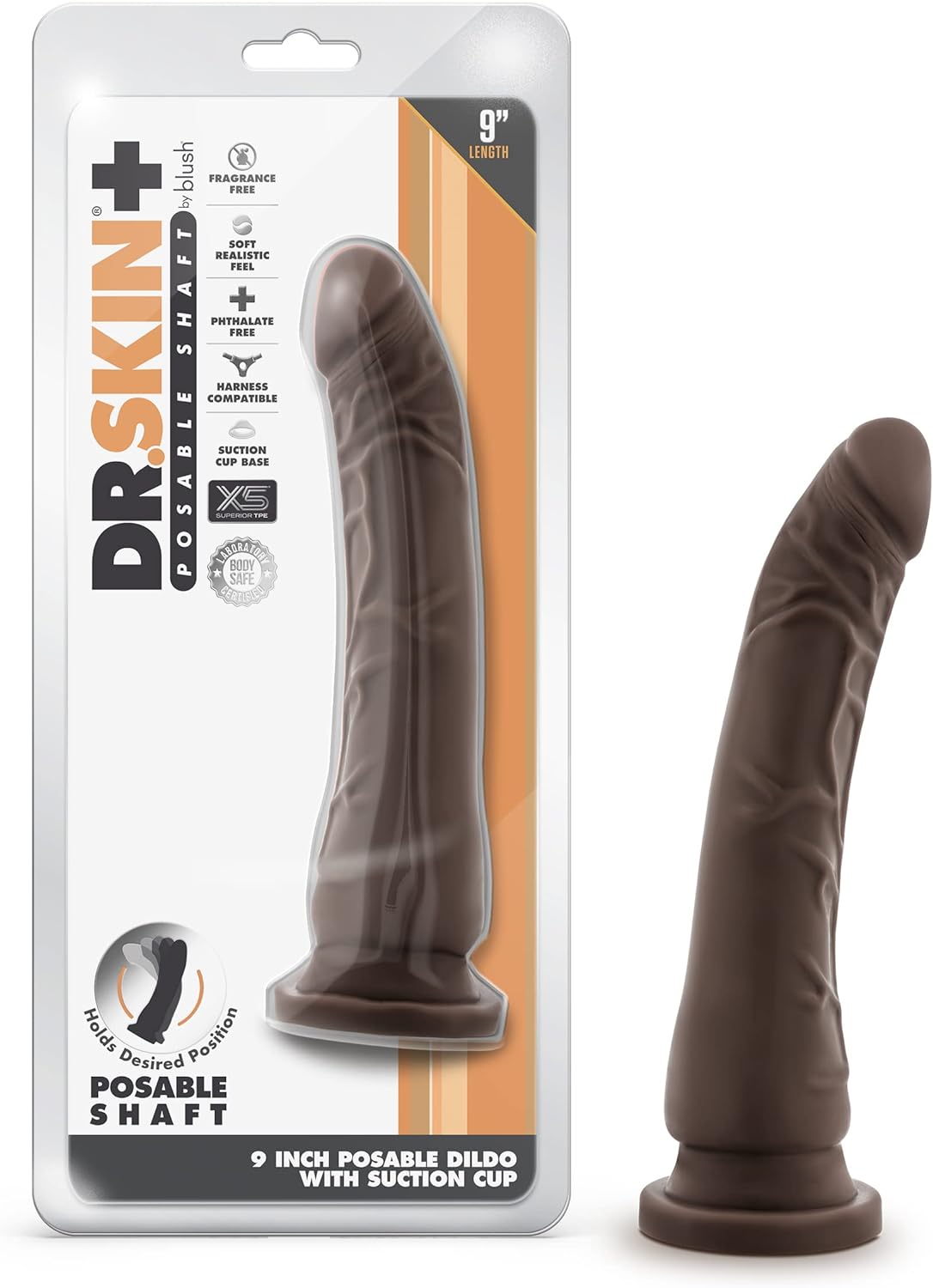 Blush Dr. Skin Plus Realistic Triple Density Posable Dildo - 9 Inch Length 2 Inch Width - Sturdy Firm Suction Cup Base for Hands Free Play and Harness Compatible - Sensa Feel Real Feel - Sex Toy