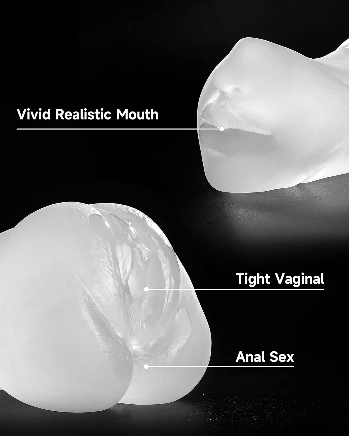 3 in 1 Male Masturbator Realistic Pocket Pussy with Drying Stick & Waterproof Storage Bag. Onahole Double-Ended Male Sex Toy Mouth Tongue Textured Vagina & Tight Anus for Men Masturbation(Clear)