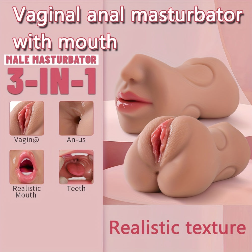 3-in-1 Realistic Male Masturbator - Oral. Vaginal & Anal Pocket Pussy Sex Toy for Men with 3D Textured Channels. Ultra-Soft TPE Material. Waterproof Adult Pleasure Accessory
