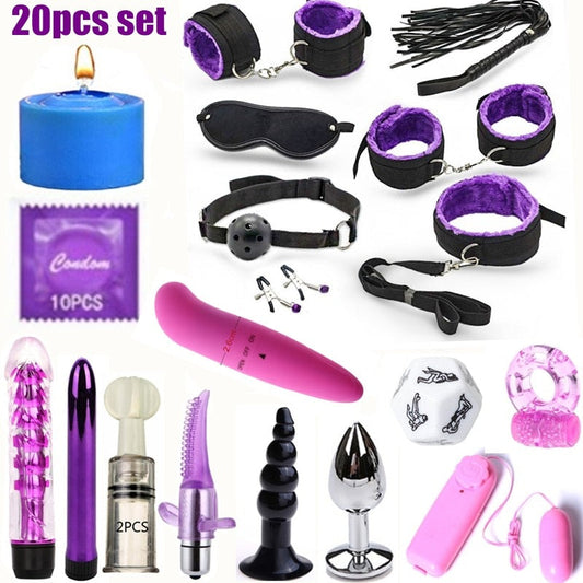 BDSM Erotic Toy Set Sexy Toys Adult Games Sex Bondage Restraint.Handcuffs Nipple Clamp Whip Collar Sex Toys for Couples