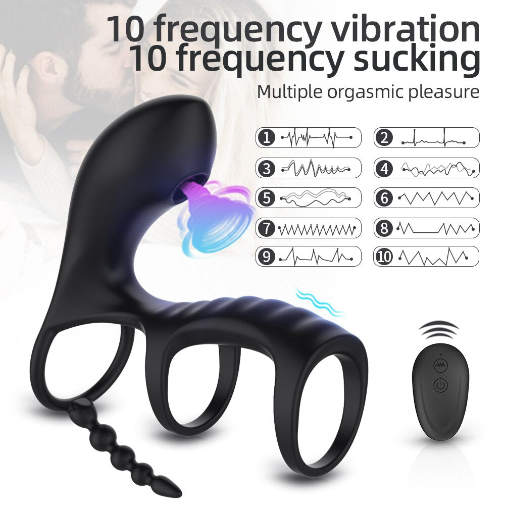 Dual Vibrating อวัยวะเพศชาย Clitoris แหวนดูด Anal Stimulation Penis Erection Vibrator สำหรับคู่ Cockring รีโมทคอนโทรลเครื่องมือทางเพศ