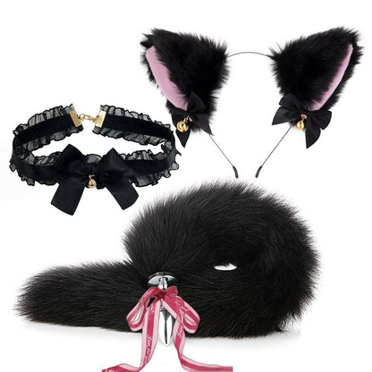 อุปกรณ์เสริมรักรูปหางสุนัขจิ้งจอก จุกเสียบก้นโลหะโบว์หางจิ้งจอกน่ารัก ที่คาดผมหูแมวนุ่มนิ่ม โบว์ผูกผม เซ็กซ์ทอยคอสเพลย์สำหรับคู่รัก