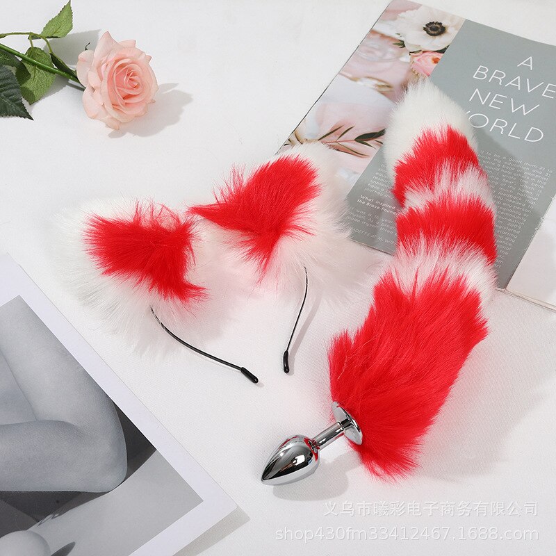 Fox Tail Metal Butt Anal Plug Cute Bow-Knot Soft Cat Ears Headbands Set Erotic Cosplay Accessories Adult Sex Toys for Couples