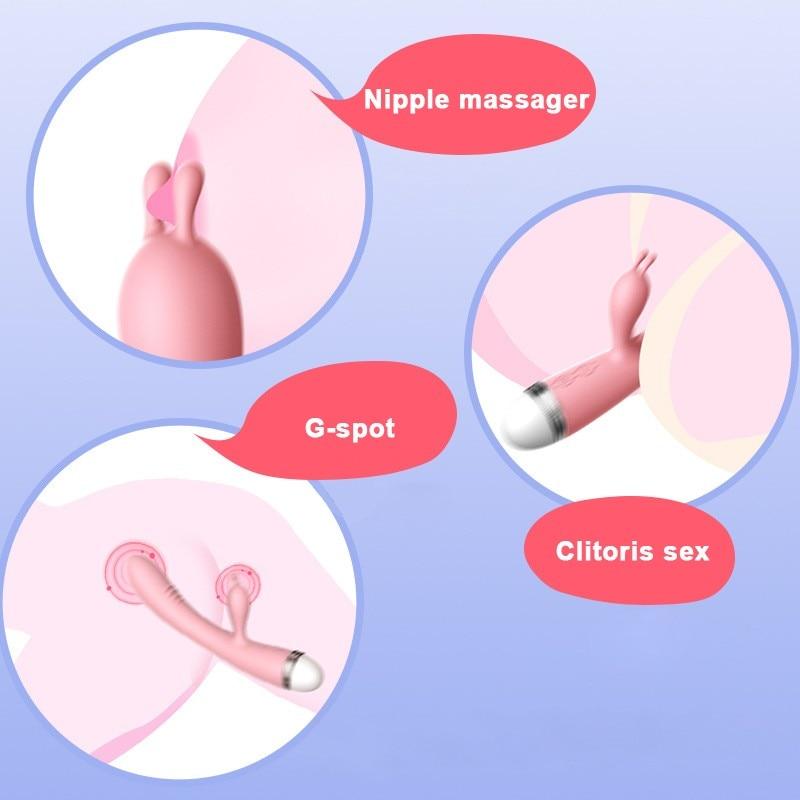 เครื่องสั่น G-spot Rabbit แบบสองหัวสำหรับผู้หญิง อุปกรณ์ช่วยสำเร็จความใคร่แบบรัด Dildo กระตุ้นปุ่มกระสัน กันน้ำ ชาร์จไฟได้ ของเล่นทางเพศสำหรับผู้ใหญ่