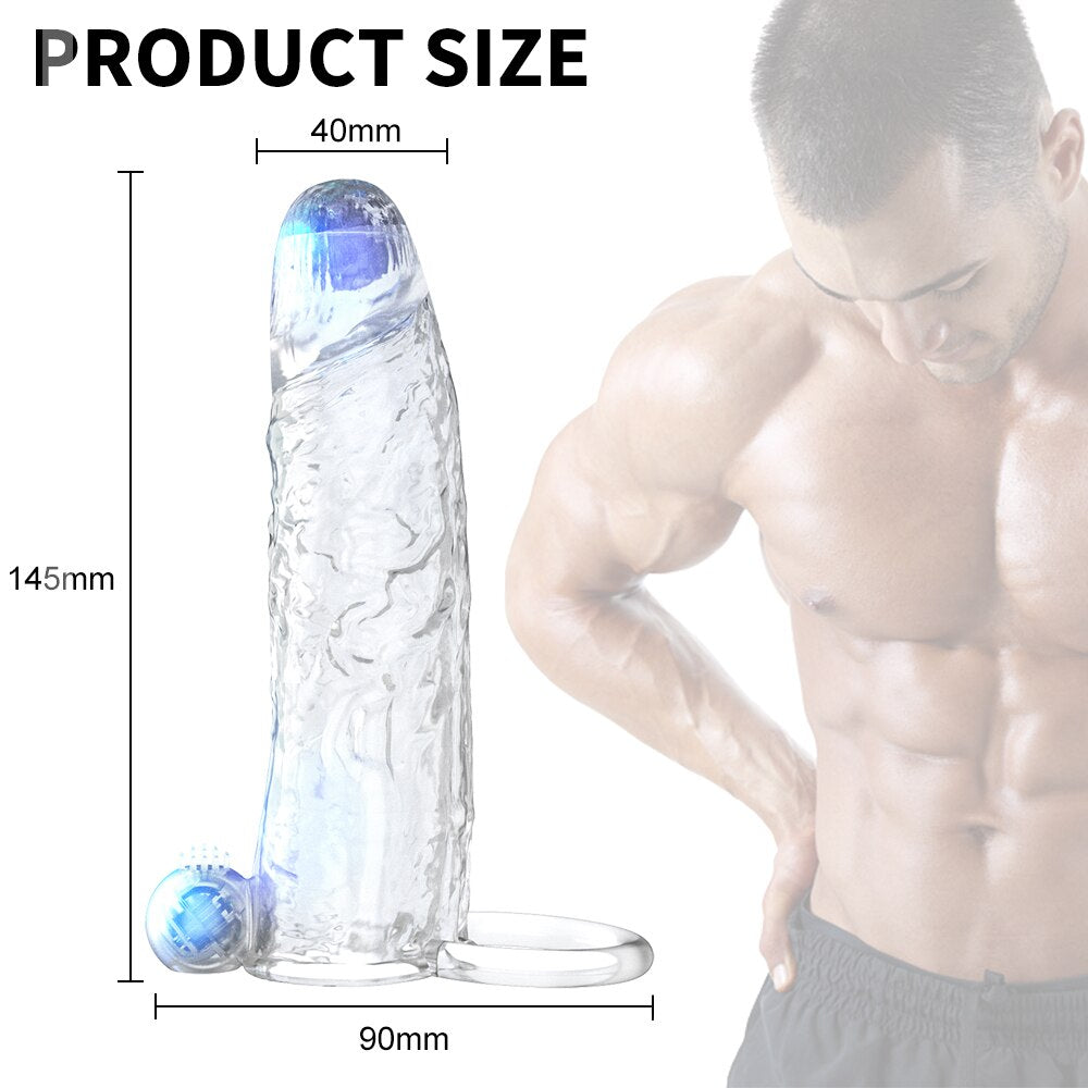 Penis Vibrator Extender Sleeve Delay Ejaculation Reusable ถุงยางอนามัยขยาย Cock แหวนของเล่นสำหรับผู้ใหญ่สำหรับผู้ใหญ่ Dick Enlarger