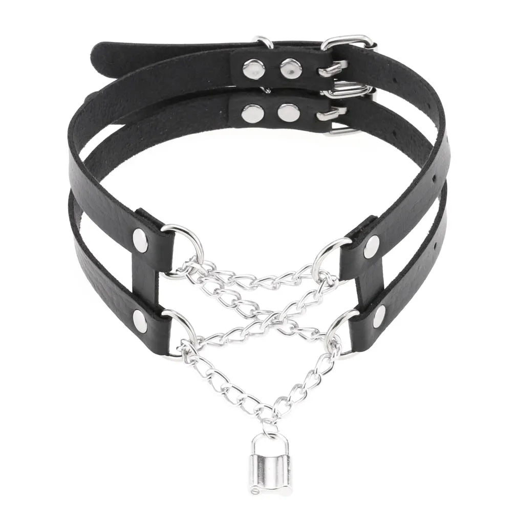 สร้อยคอโชกเกอร์ BDSM สไตล์พังค์สำหรับผู้ชาย สร้อยคอหนังสังเคราะห์โกธิค โซ่คาดตัวสำหรับผู้หญิง