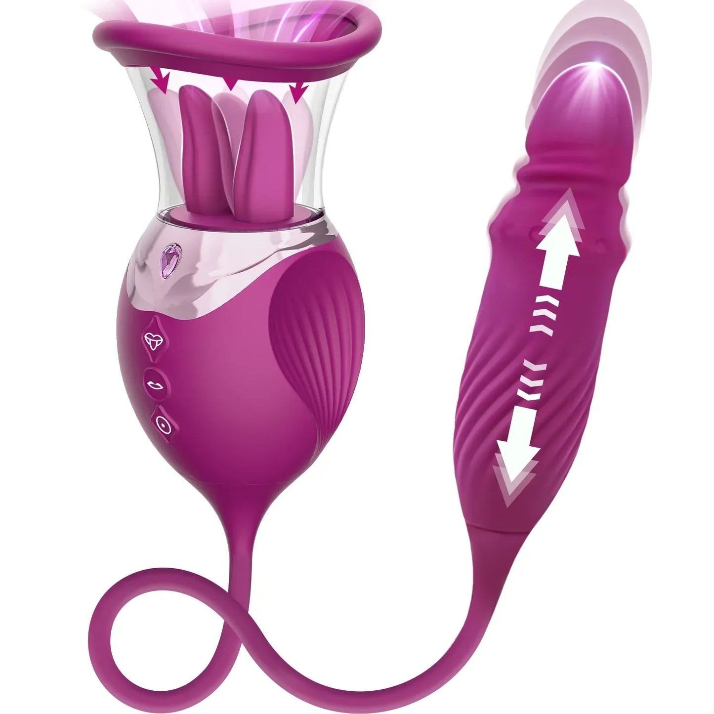 เครื่องนวดกระตุ้นแบบสั่นรูปดอกกุหลาบ 4-in-1 สำหรับผู้หญิง ดิลโด้แบบสั่นหัว G จุดกระตุ้นหัวนมและคลิตอริส ไข่สั่น ของเล่นทางเพศสำหรับผู้ใหญ่