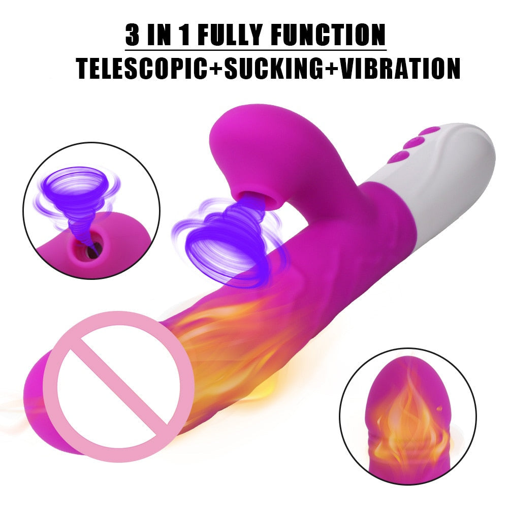 Sex Toys for Women Heating Vagina G Spot Stimulate Vibrators Telescopic Rotating Dildo 3 In 1 Clitoris Sucking Rabbit Vibrator