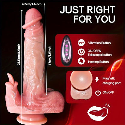 8.4 Inch Premium Silicone Dildo: 5-in-1 Thrusting. Remote Control. 10 Vibration & 10 Telescopic Modes. G-Spot & Anal Stimulation. Wireless with RFID. USB Charging. Suitable for Both Men & Women
